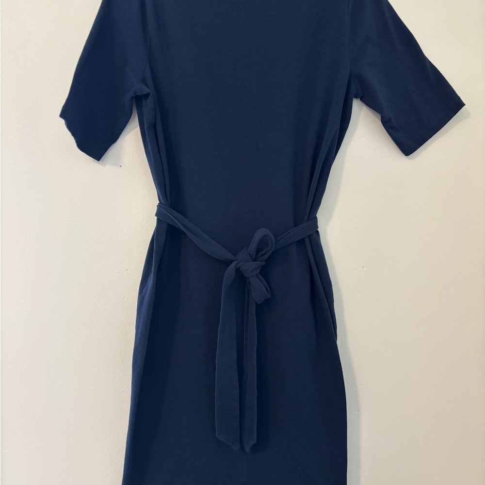Liz Claiborne Navy Short-Sleeve Midi Dress with Tie Waist